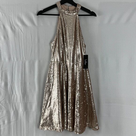 New Lulus Size S Under the Spotlight Champagne Sequin Backless Skater Dress NWT - Picture 1 of 16